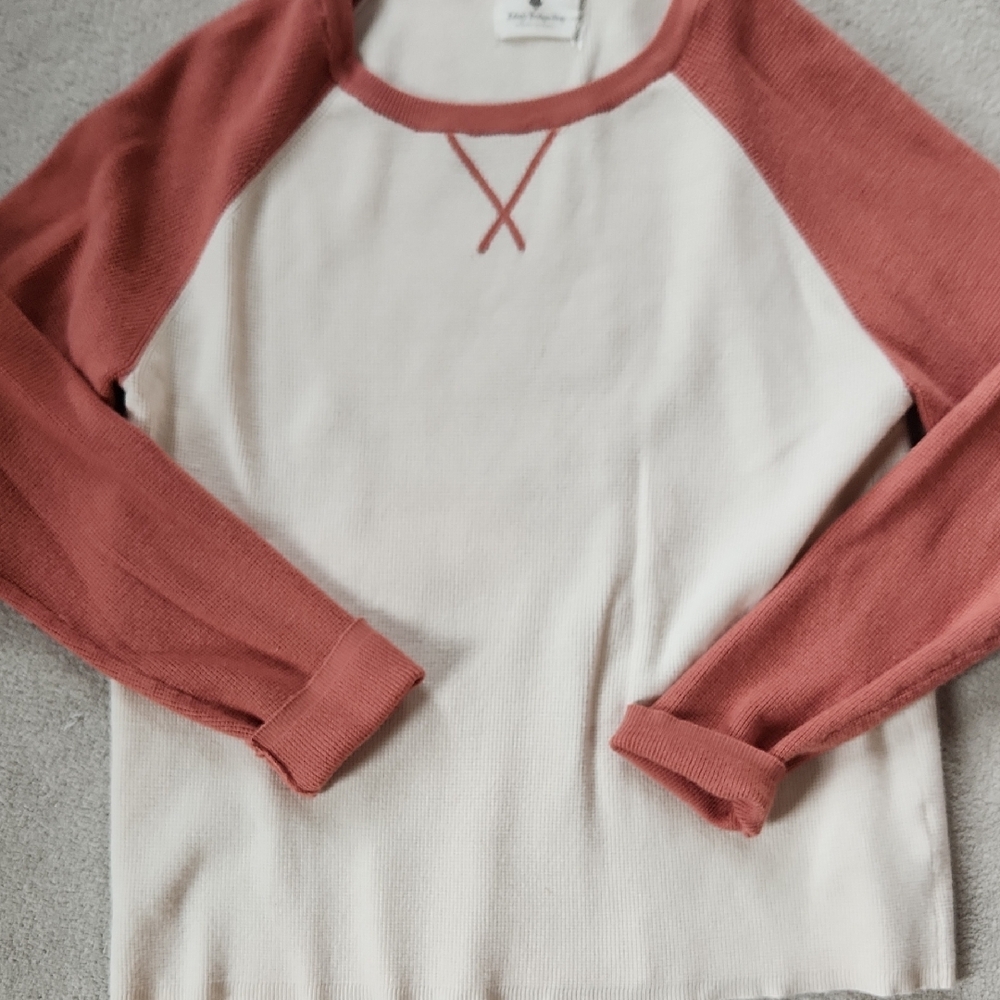 Women's Long Sleeve Waffled Shirt Orange Sleeves Cream Shirt Large